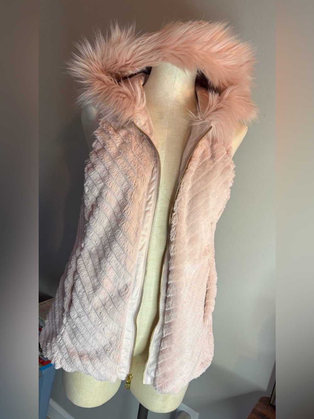 Marc New York Blush Faux Fur Hooded Vest with Gold Zipper